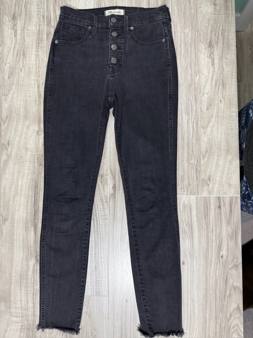 Madewell 10" High-Rise Skinny Jeans Berkeley Black Button-Fly Raw Hem Size 25